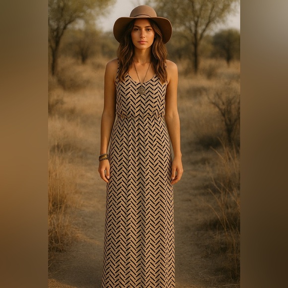 Trixxi Three Pink Hearts Chevron Maxi Dress Tan Black Size S - Picture 1 of 11